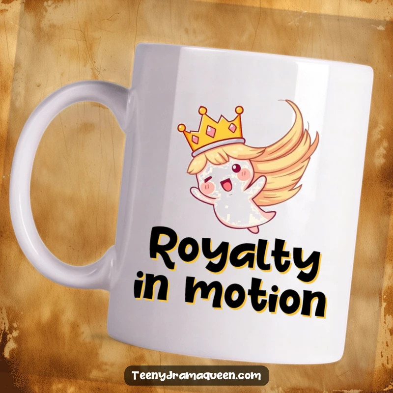 Funny mug featuring a tiny, majestic crown in mid-flight, caught in a dramatic whirlwind, signifying playful power.
