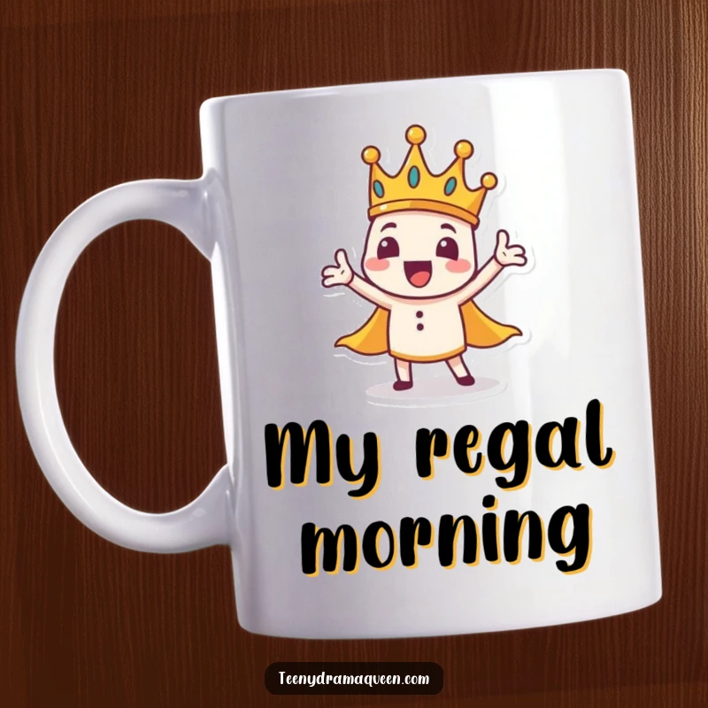 Funny crown character mug, tiny and dramatic with a wobbly base, performing a grand sweeping gesture with flair.