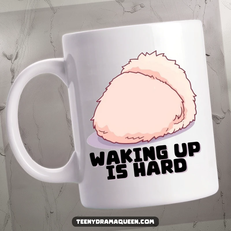 Funny mug with a dramatic, overly fluffy slipper casting a hilariously exaggerated shadow, adding a touch of playful grandeur.