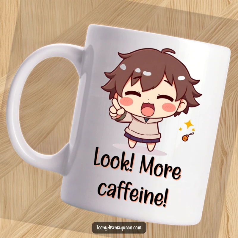 Funny mug with an excited character, eyes wide, dramatically pointing with an outstretched finger at an unseen small object, conveying urgency and fun.