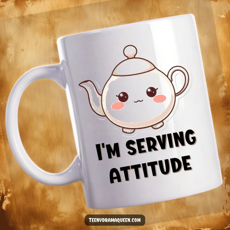 Funny teapot character mug, very small, overly expressive, with a tiny raised spout, pouring happy vibes.
