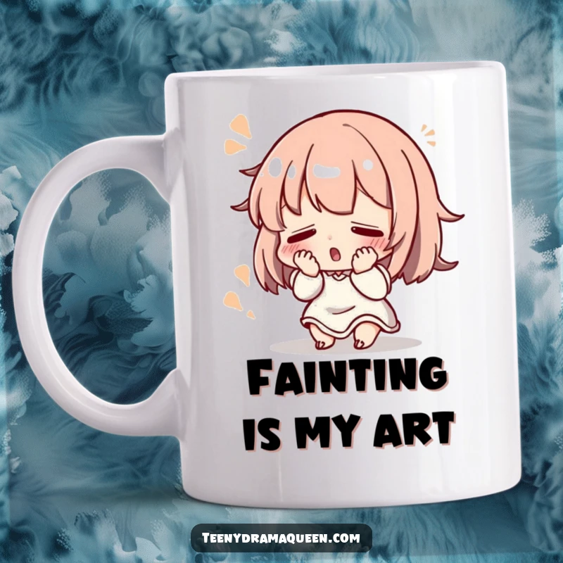 Funny Mug: Small character dramatically fainting with a flourish, embodying theatrical exhaustion and flair.