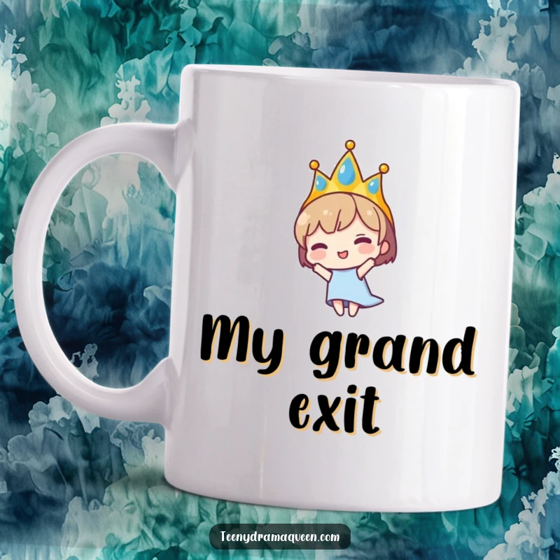 Funny mug featuring a small, crowned character dramatically falling with exaggerated expression. Captures a moment of over-the-top theatricality.