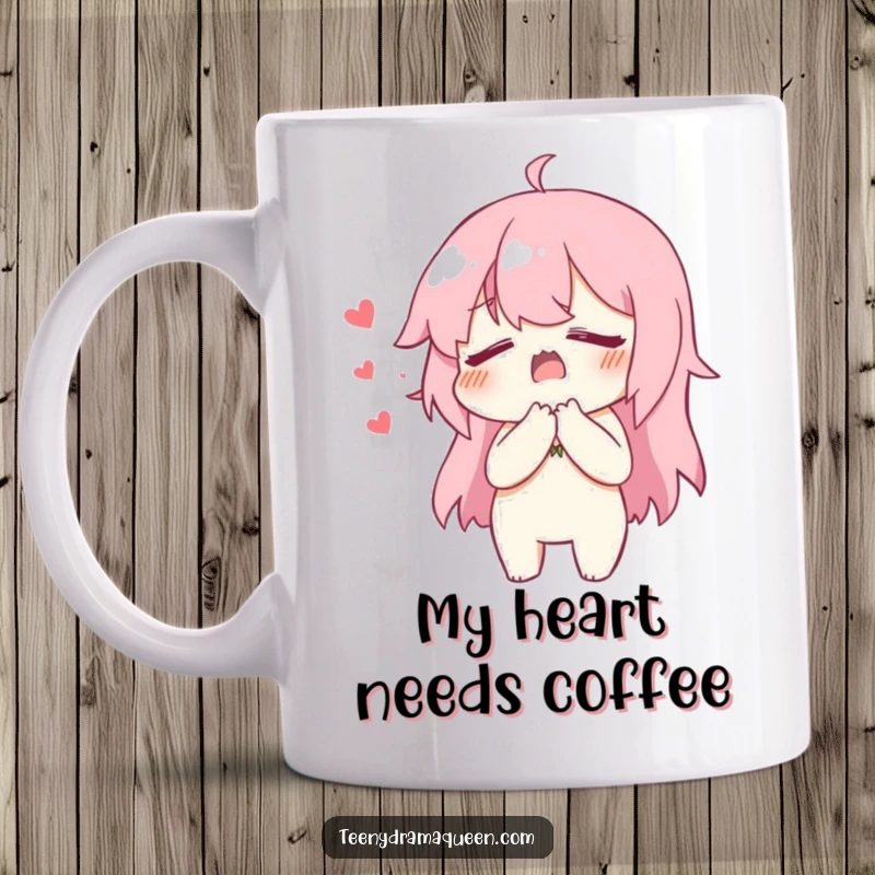 Funny Mug depicting a character dramatically clutching its chest, feigning exaggerated heartbreak and tears.