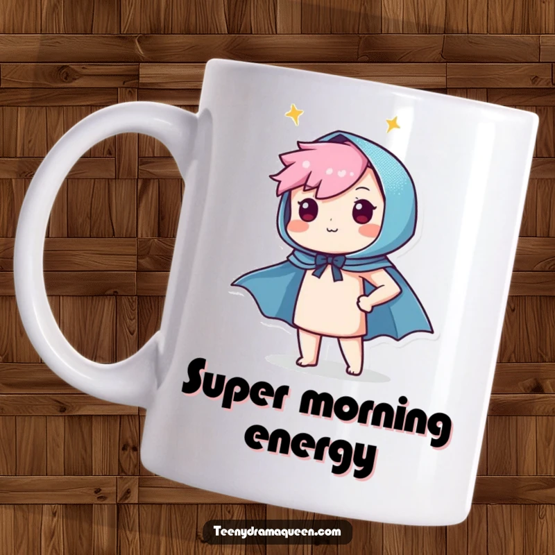 Funny mug featuring a cute character proudly donning a tiny, sparkly cape, embodying heroic spirit and pride.