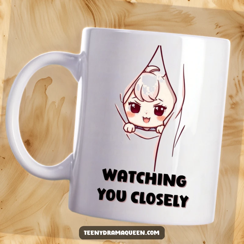 Funny mug featuring a character peeking mischievously from behind a curtain with a sly smirk.