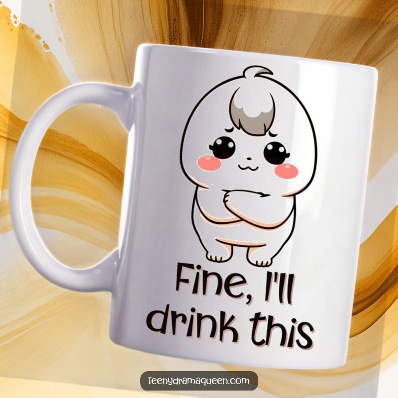 Funny mug showing a kawaii character with arms crossed and a classic pouty, grumpy expression, perfect for a funny gift.