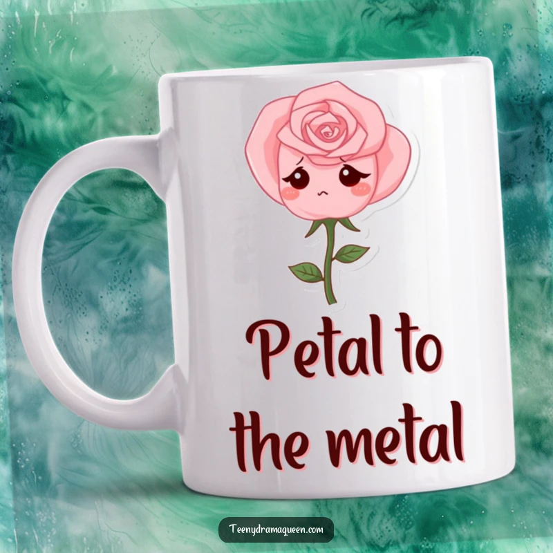 Funny Mug featuring a single pink rose character drooping sadly, perfect for expressing gentle sadness with humorous empathy.