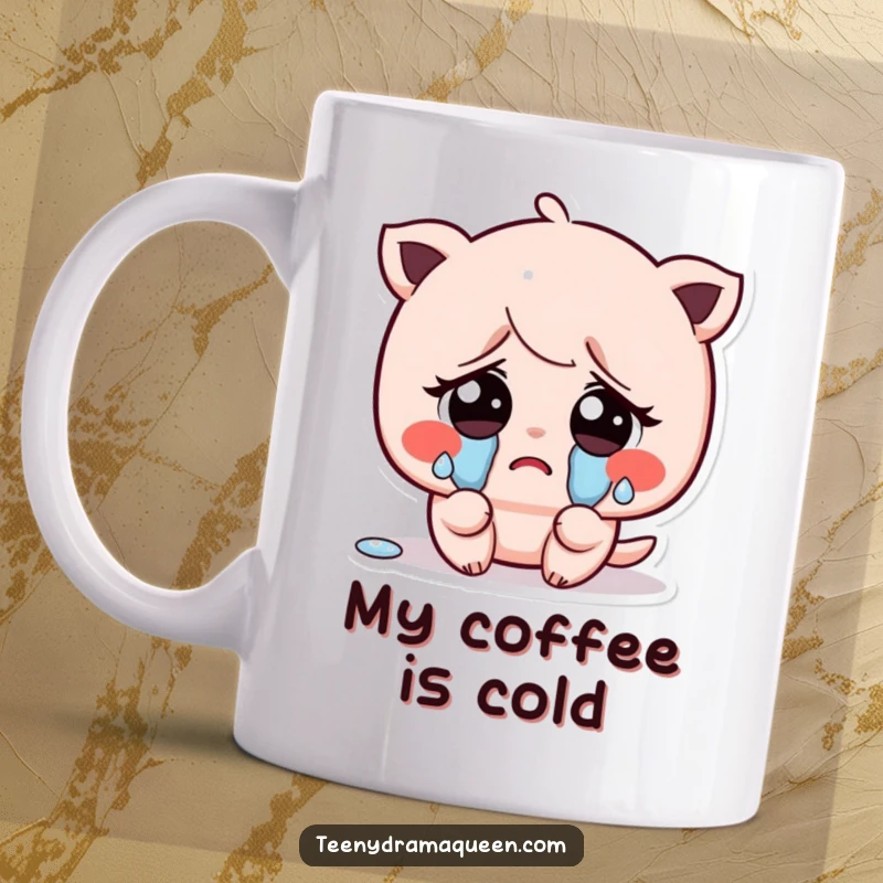 Funny mug with a kawaii character crying exaggerated, tiny tears, sporting big sad eyes and an undeniably heartbroken expression.
