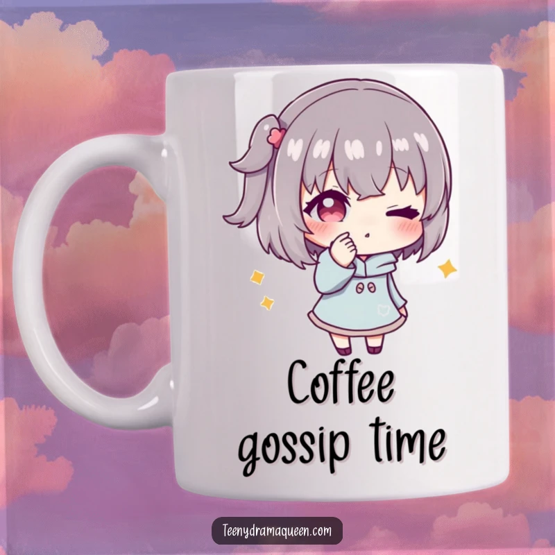 Funny mug with a character whispering secrets and giving a conspiratorial wink, perfect for sharing jokes and hidden truths humorously.