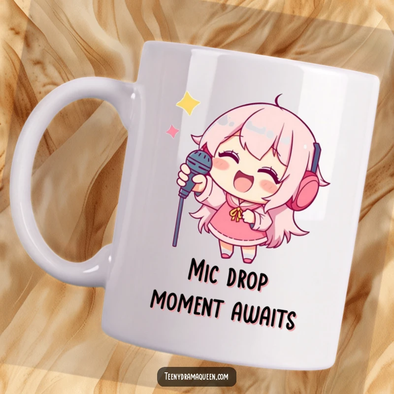 Funny mug, a joyful character excitedly reaching for a miniature microphone, embodying the spirit of performance.