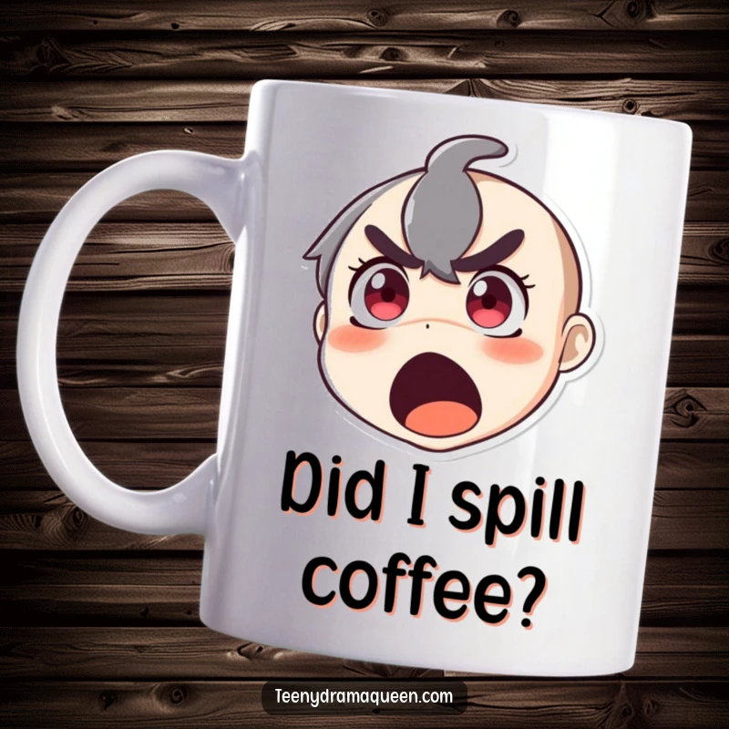 Funny mug featuring a character with wide eyes and an open mouth, caught in a moment of hilarious, dramatic surprise.