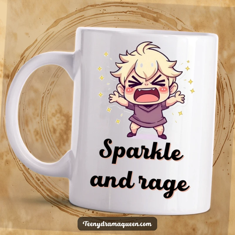 Funny Mug: Tiny character throwing a tiny, sparkly tantrum, expressing frustration with a shimmering, dramatic display.