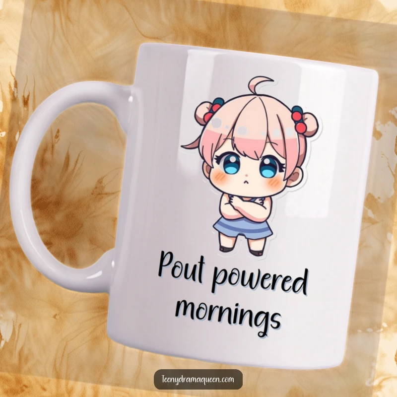 Funny mug with a teeny character pouting with crossed arms, embodying adorable stubbornness and playful defiance.