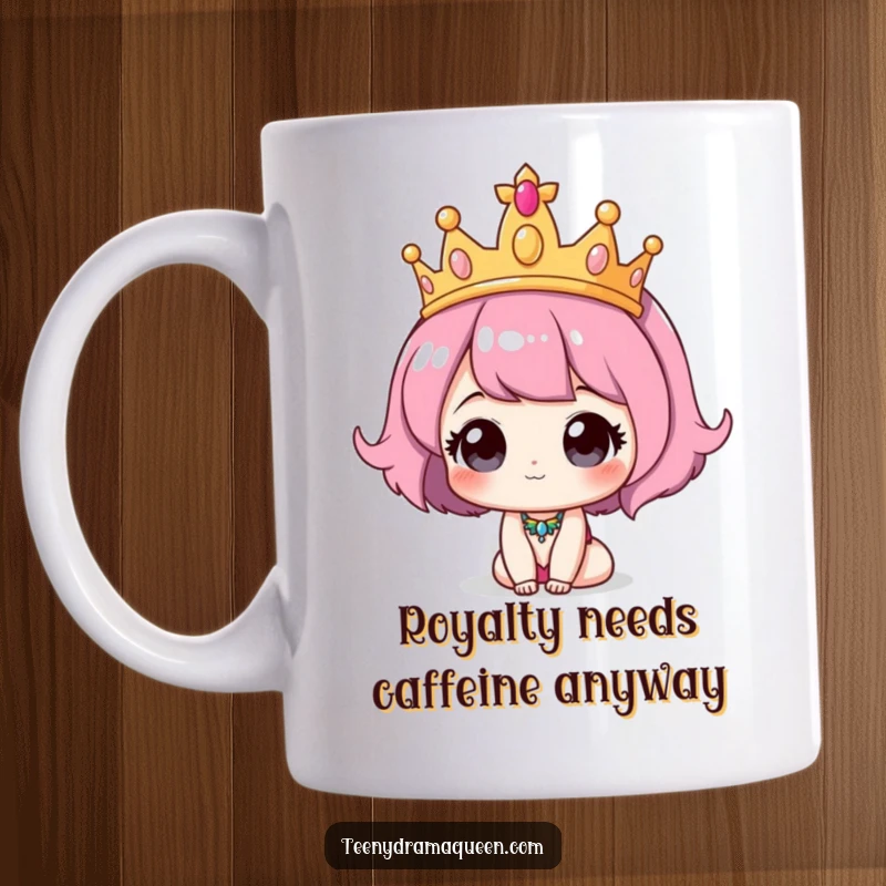 Funny Tiara Mug: A cute character proudly wearing a comically oversized, sparkling tiara, exuding playful royalty.