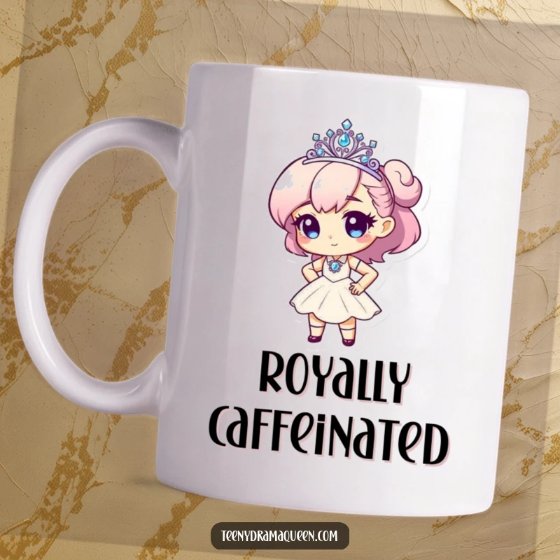 Funny mug featuring a tiny character with a tiara, striking a dramatic diva pose, perfect for glamorous personalities.