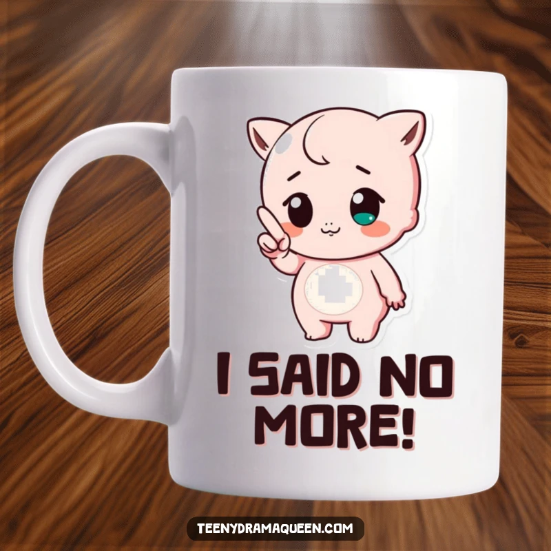 Funny mug with a cute character pointing a tiny finger while making a huffing expression, conveying adorable disapproval.