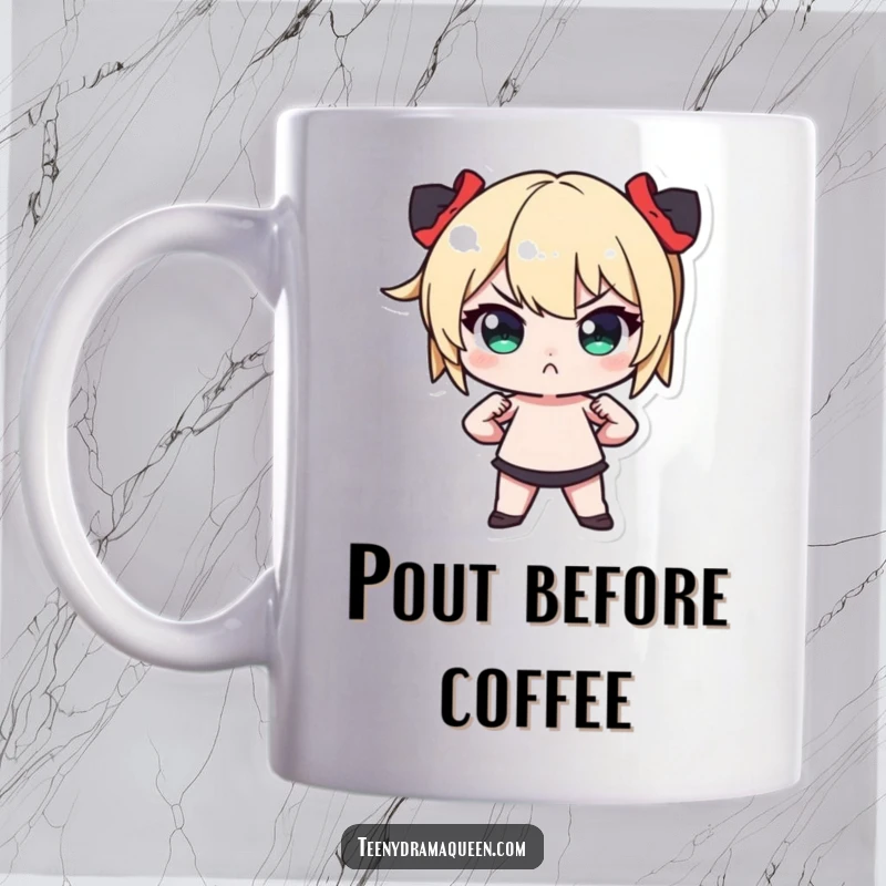 Funny Tiny Character Mug: Small figure striking a dramatic pose, hands on hips with a defiant pout for humorous effect.