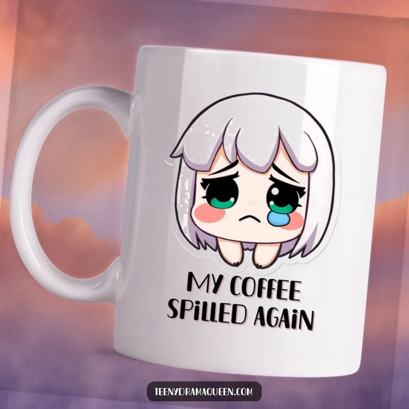 Funny mug, an exaggeratedly sad character with a single, glistening tear rolling down their cheek.