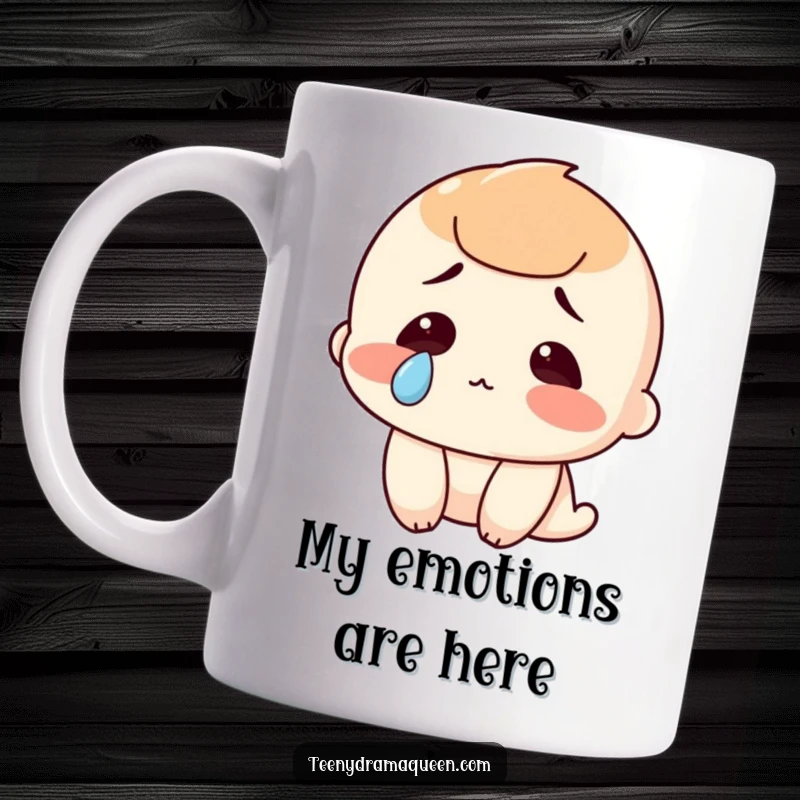 Funny mug featuring a character shedding a single, dramatic tear, conveying a hilariously sad emotion, perfect for a relatable gift.