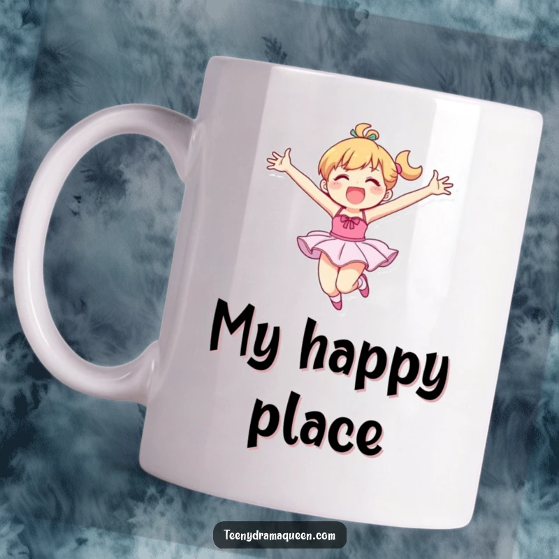Funny mug with a graceful ballet dancer character mid-leap, arms outstretched in pure joy, celebrating performance humor.