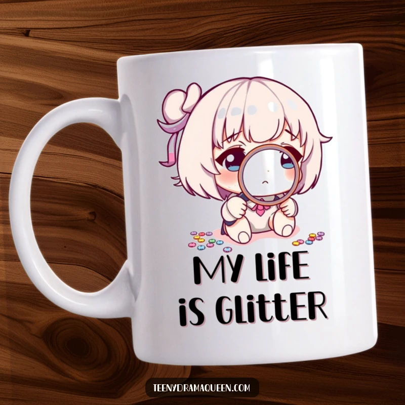 Funny mug featuring a character intensely examining a single sequin with a tiny magnifying glass, showcasing obsessive attention to detail.