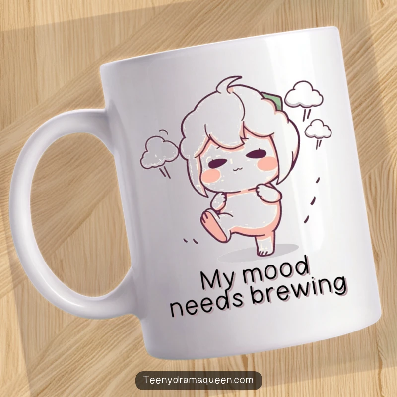 Funny Mug depicting a character stomping its foot with a pout, surrounded by tiny, comical storm clouds.