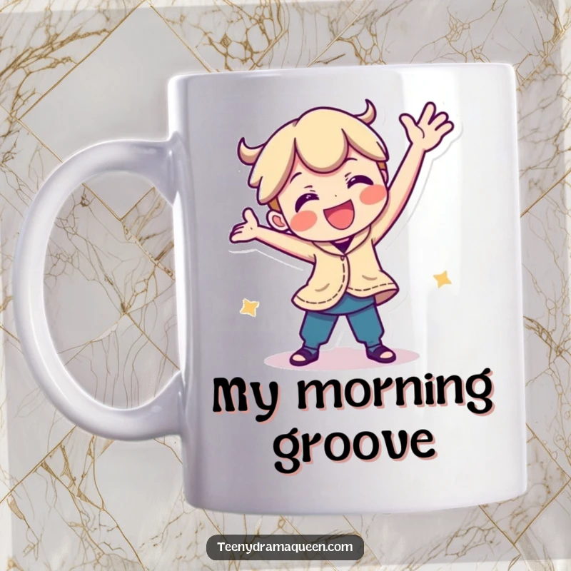 Funny mug with a playful character enthusiastically doing a silly, energetic dance pose, bringing a spontaneous burst of joy and humor.