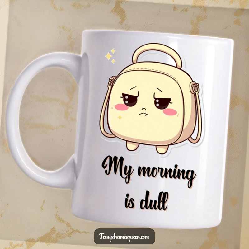 Funny mug featuring a sparkly handbag character with a clearly discontented, unimpressed facial expression.