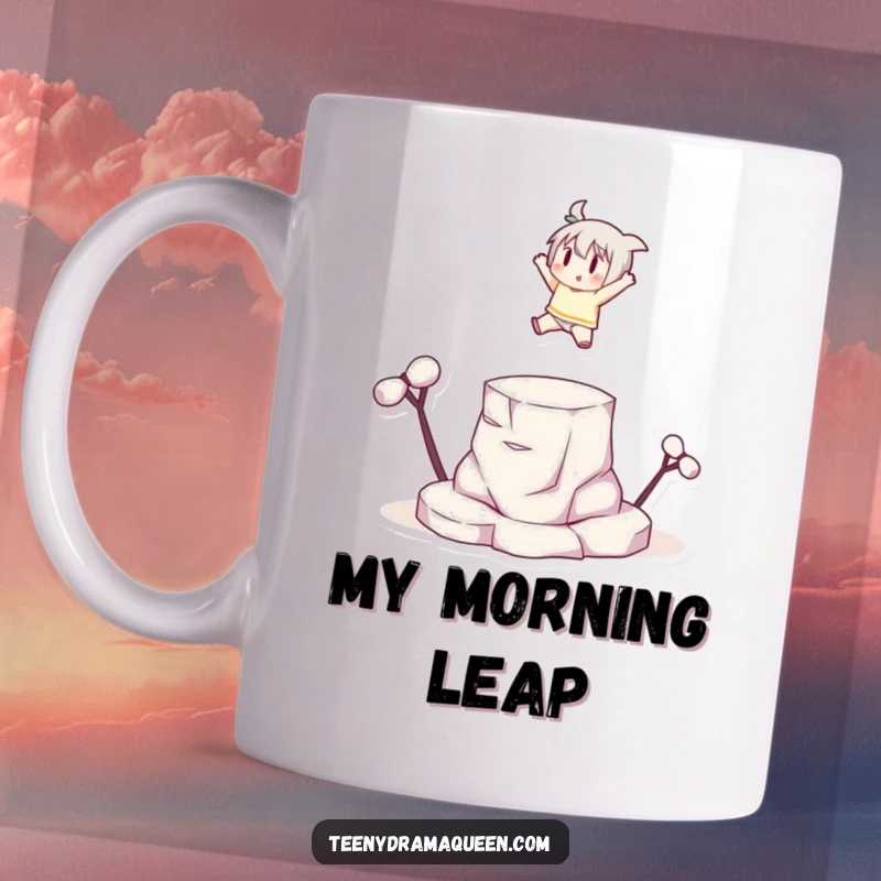 Funny small character dramatically leaping onto a tiny elevated platform with a flourish, embodying ambition and celebratory spirit.