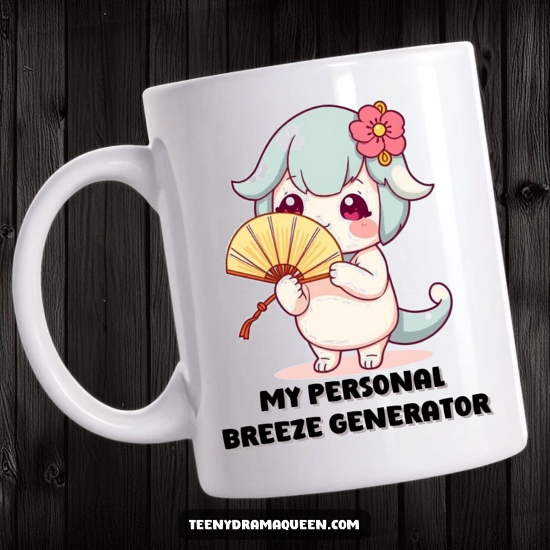 Funny mug featuring a cute character dramatically fanning itself with a tiny fan, exuding heat and fabulousness.