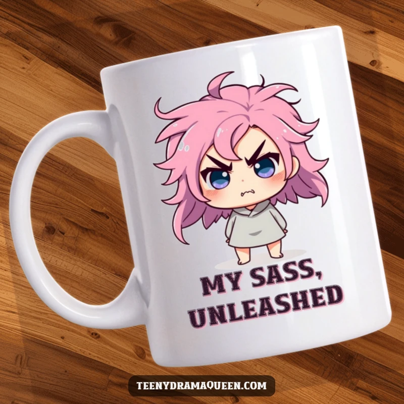 Funny mug featuring a character doing a dramatic hair flip, looking utterly affronted and sassy.