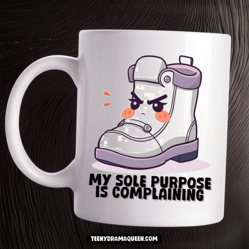 Funny Mug featuring a tiny shoe character huffing with adorable indignation, perfect for expressing a grumpy mood with humor.