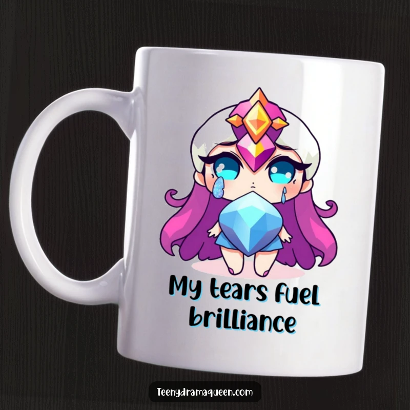 Funny mug featuring a dramatic jewel character shedding a glittery tear, conveying humorous emotion and sparkle. Great funny gift.