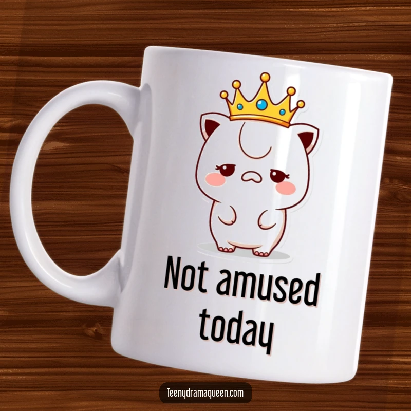 Funny unimpressed kawaii character mug, wearing a tiny crown with a bored expression, royalty with attitude.