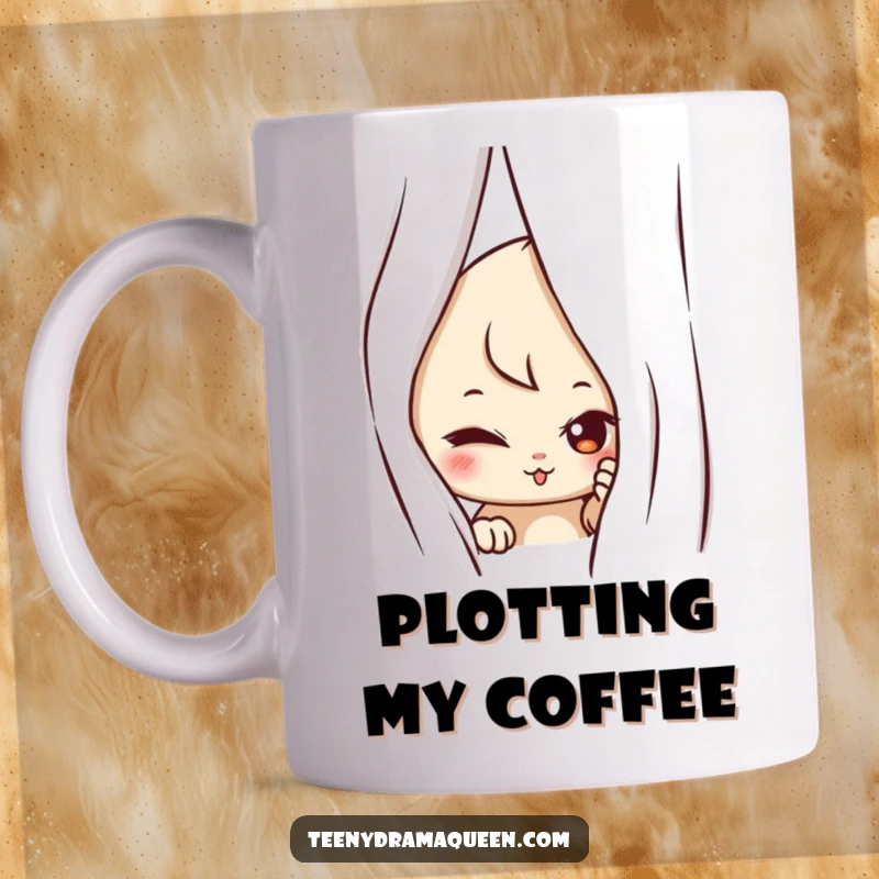 Funny mug depicting a mischievous character with a sly grin, peeking out from behind a drawn curtain, suggesting playful secrets.