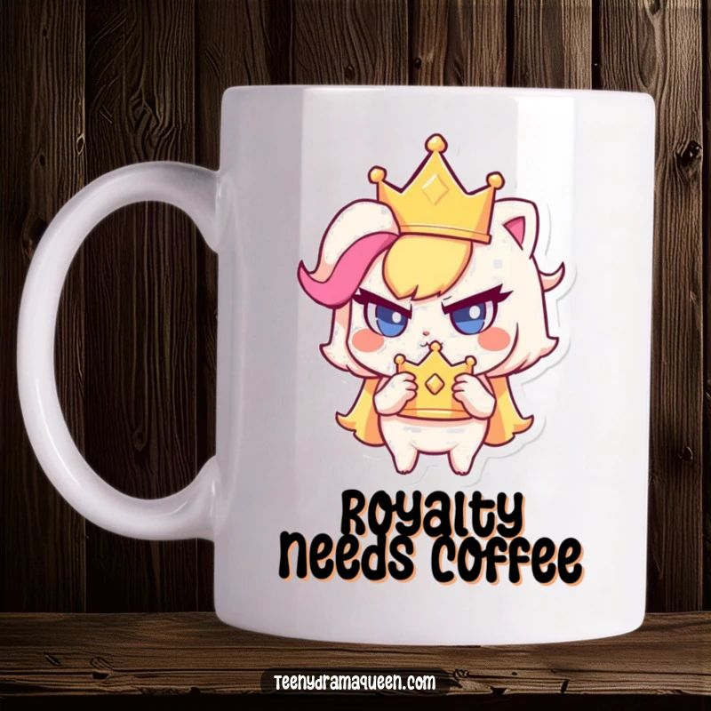 Funny mug showcasing a small character fiercely clutching a sparkly crown with a haughty glare, embodying tiny royalty.