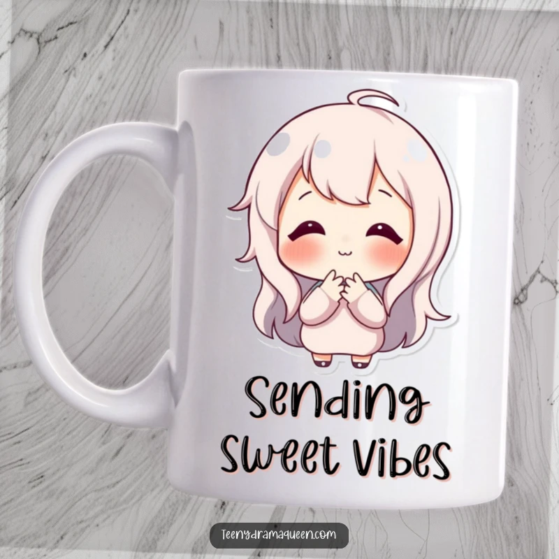 Funny mug showcasing a happy character with rosy cheeks, playfully blowing a tiny, charming kiss, radiating warmth and affection.