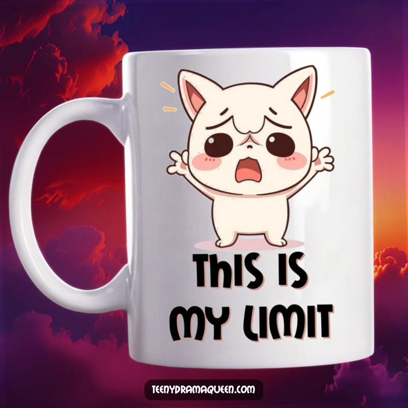 Funny mug featuring a cute kawaii character dramatically throwing its hands up in the air, conveying absolute exasperation and stress.
