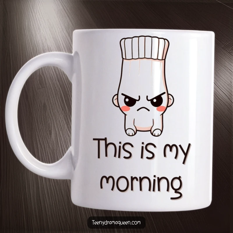 Funny mug with a tiny, indignant sock character sporting a stern expression and a noticeable hole, looking quite displeased.