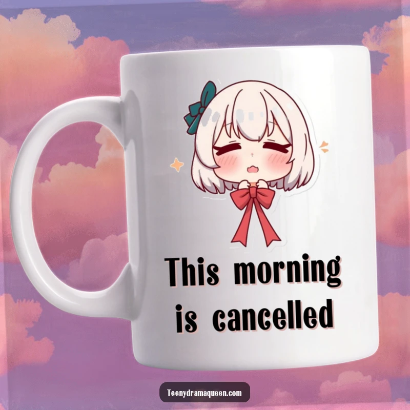 Funny mug featuring a character with a pouty lip dramatically releasing a ribbon, capturing a moment of theatrical exasperation and humor.