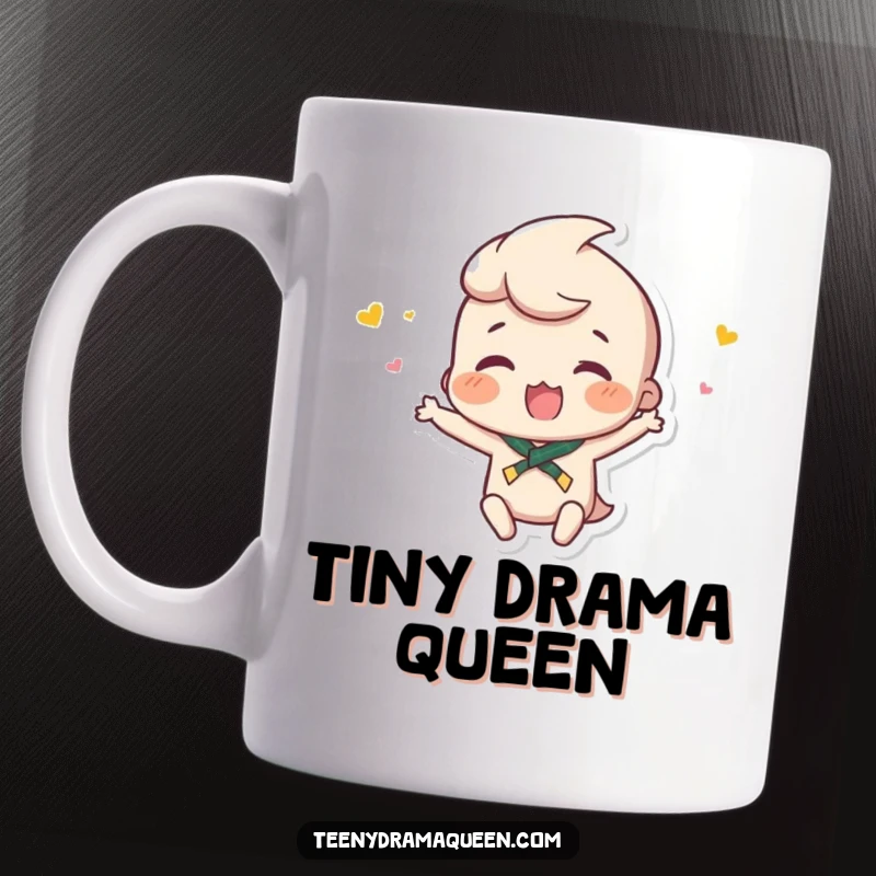 Funny mug showing a small character throwing a minuscule hissy fit, embodying adorable drama and playful overreaction.