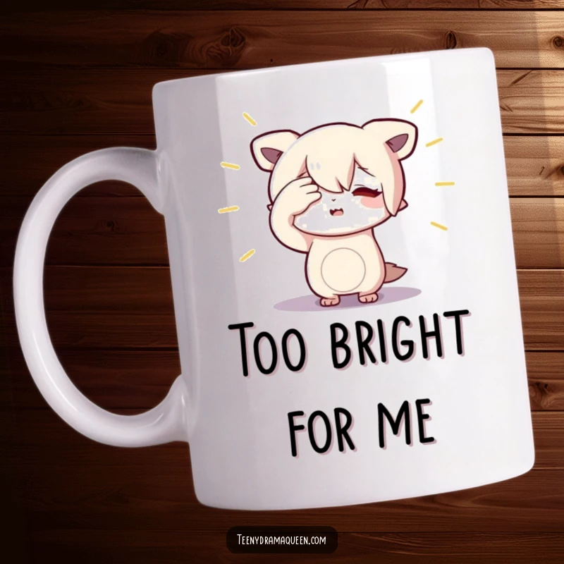 Funny Character Mug: Small figure dramatically shielding eyes from an imaginary spotlight, conveying shyness and humor.