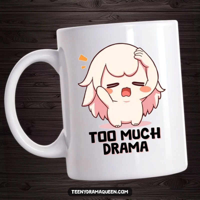 Funny swooning kawaii character mug, dramatically fainting with a hand on its forehead, conveying exaggerated emotion.