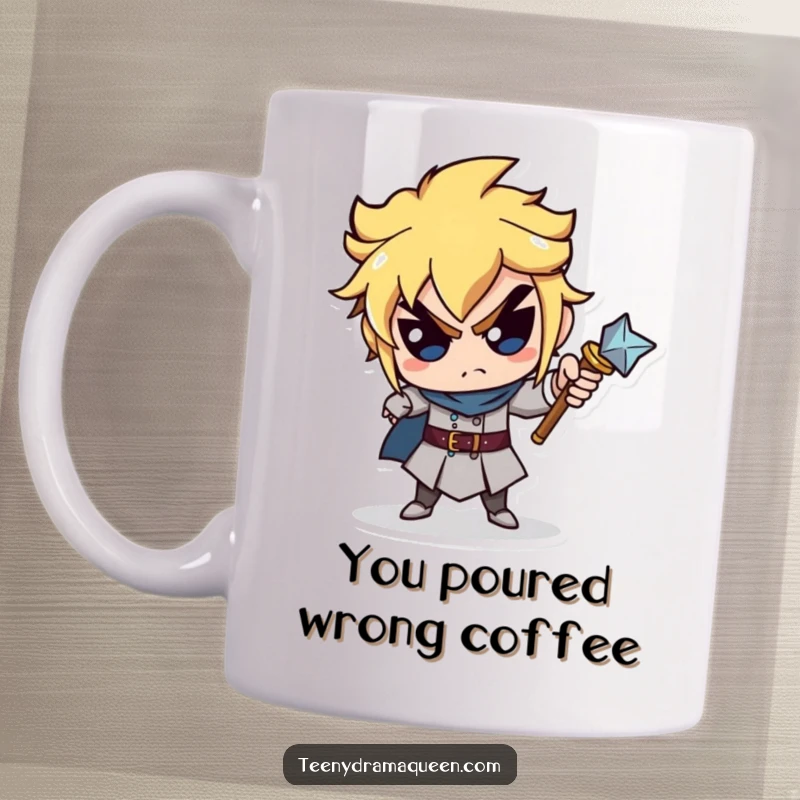 Funny mug featuring a miniature scepter character pointing accusingly, conveying humorous blame and royal authority. Great funny gift.