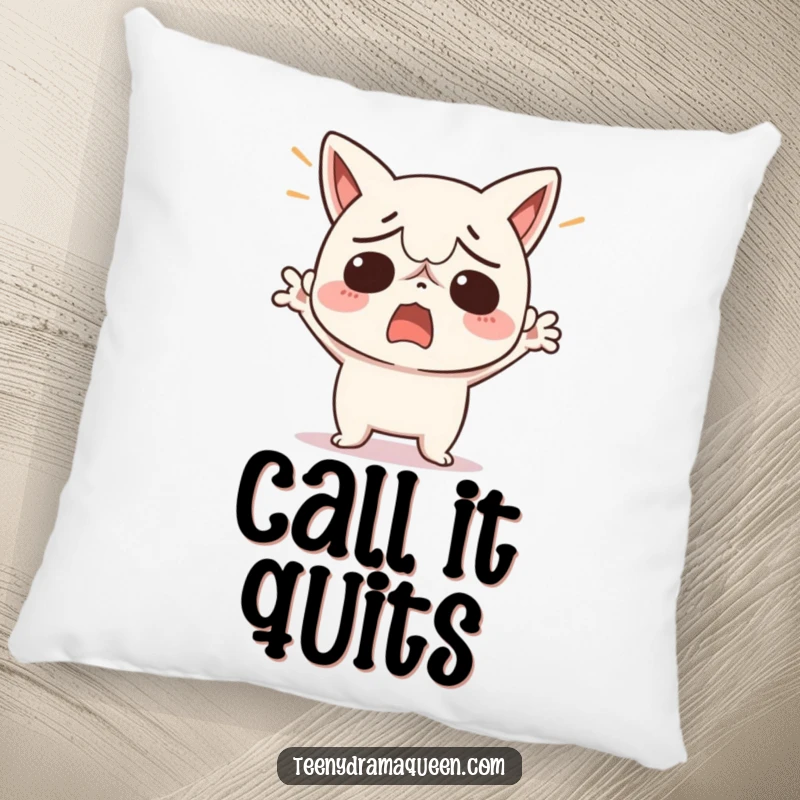 Funny pillow with a kawaii character dramatically throwing its hands up, expressing a universally understood feeling of extreme exasperation.