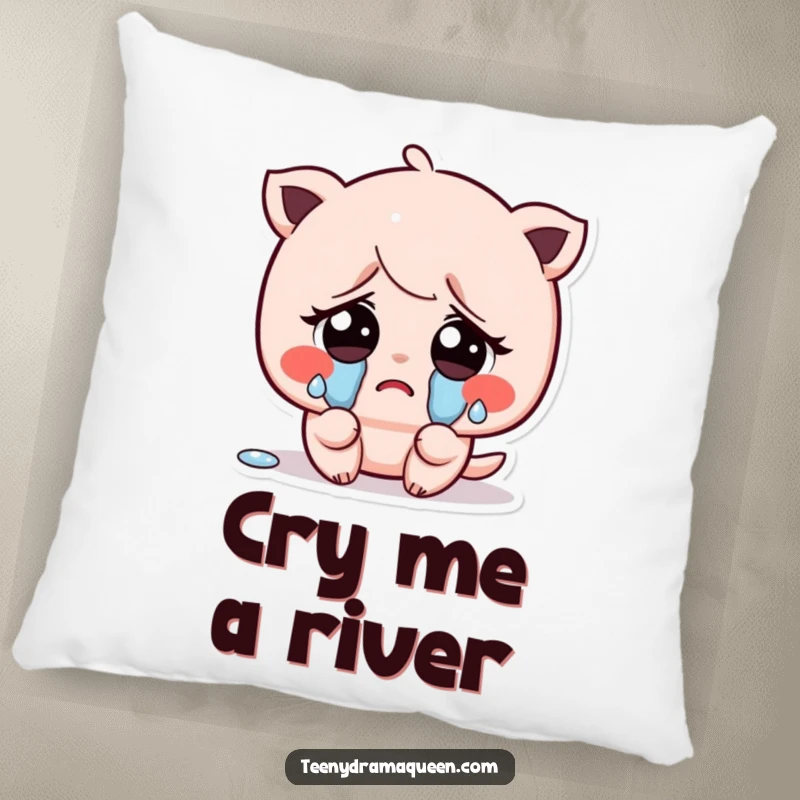 Funny pillow with a kawaii character crying tiny, exaggerated tears from its big sad eyes, offering comfort and a touch of humor.