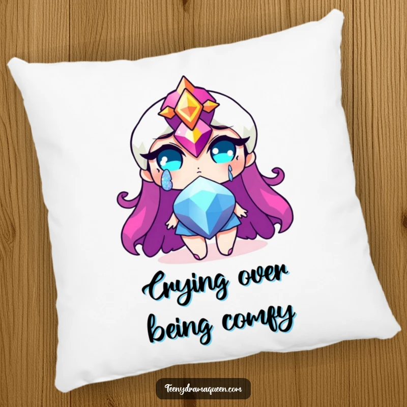 Funny pillow with a dramatic jewel character shedding a glittery tear, offering soft and humorous dramatic sparkle. Perfect funny gift.