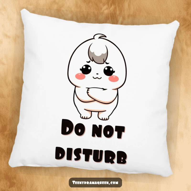 Funny decorative pillow featuring a cute kawaii character crossing its arms with a very pouty and grumpy face, a funny gift.