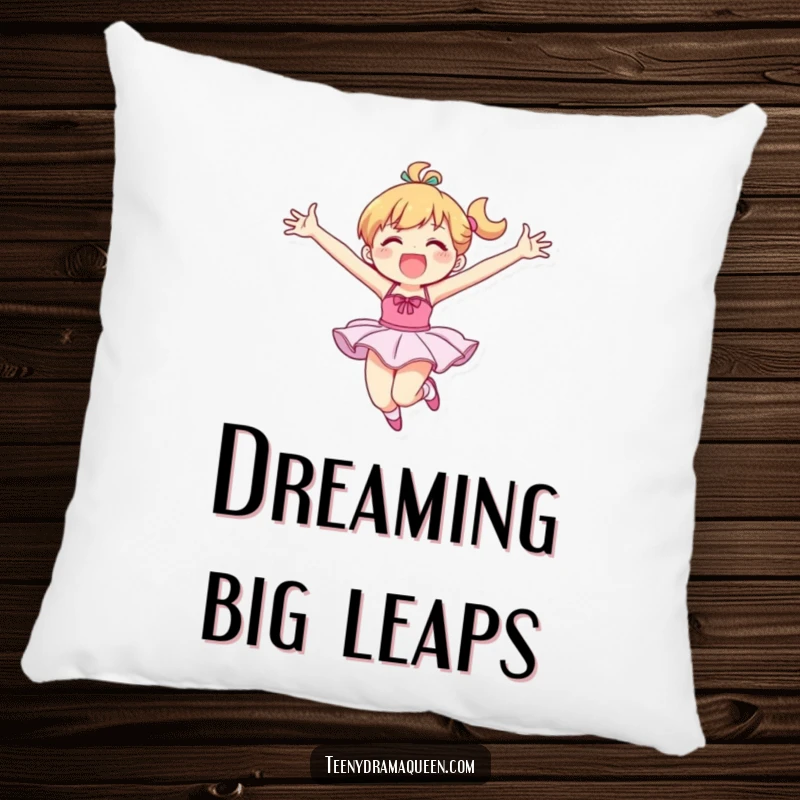 Funny pillow featuring a happy character in a tutu mid-grand leap, arms outstretched in a pose of pure ecstatic dance.